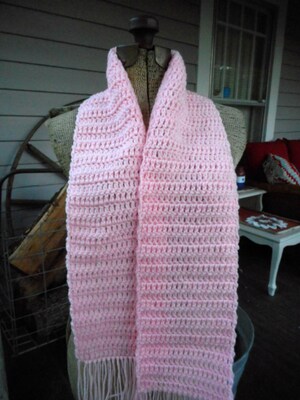 The Rose Quartz Pink Crochet Scarf. Homespun Gypsy Bohochic Hand Crocheted Fringe Scarf. - image3